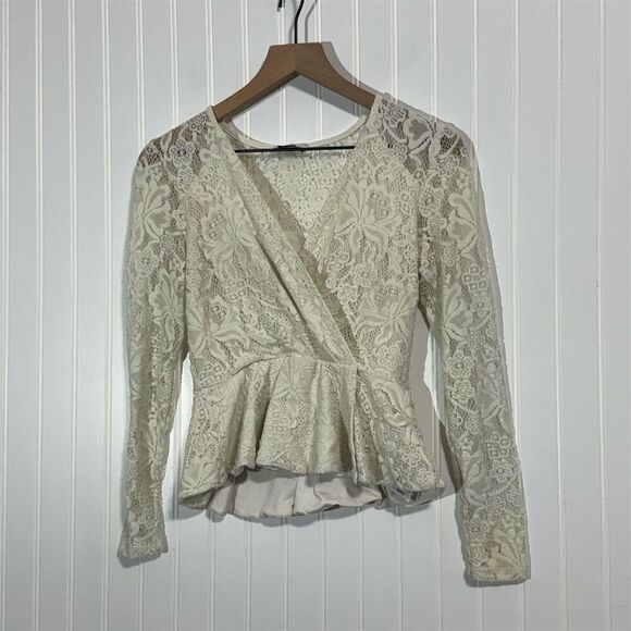 bebe Cream Lace Peplum Top Small S Long Sleeve Sheer Wrap Blouse USA Romantic - Picture 1 of 8
